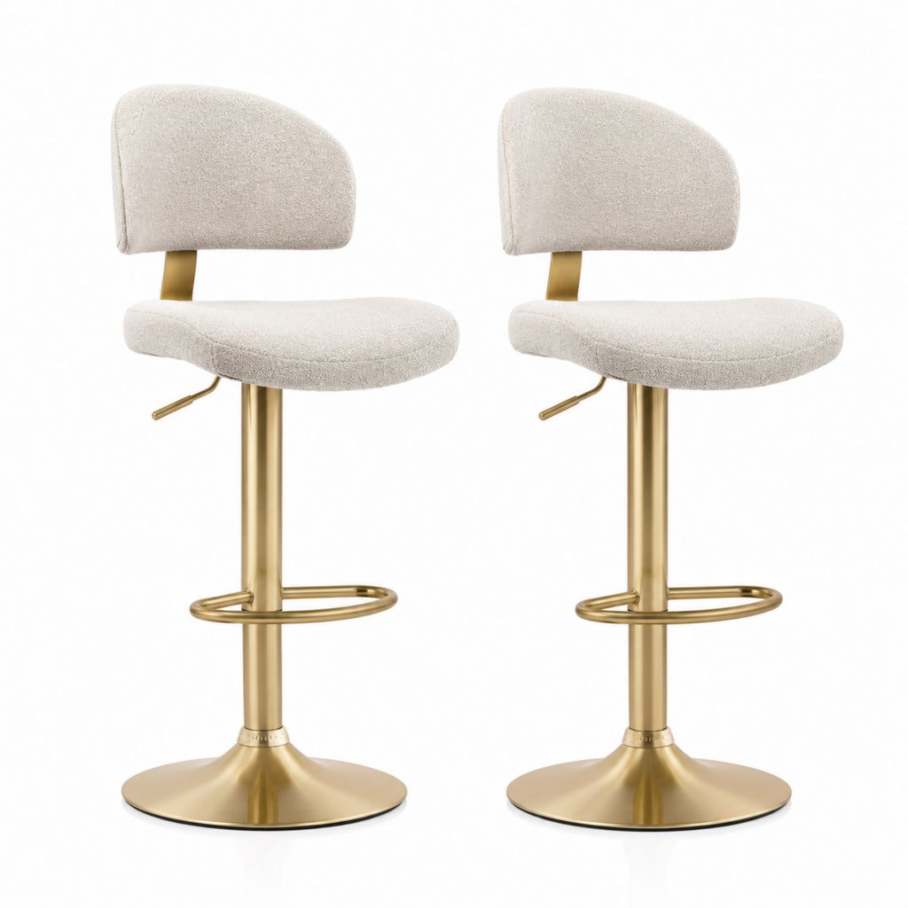 2er Set Barhocker höhenverstellbar Creme Polyester-Bouclé Stahl goldfarben rund 50 x 54 x 95-116 cm