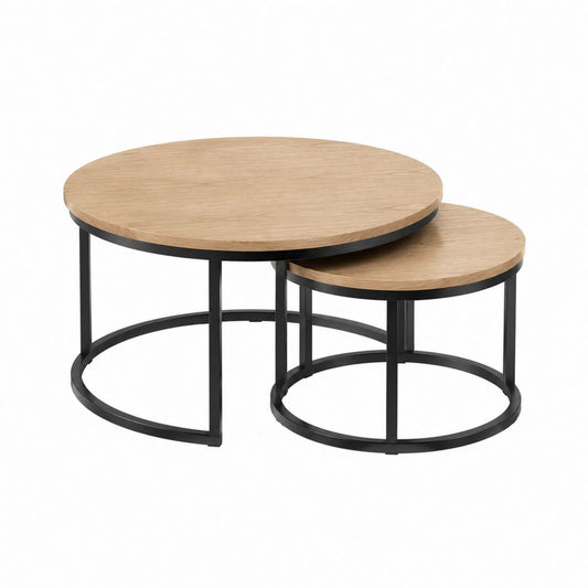 Couchtisch Set 2-teilig Eicheoptik MDF rund mit Stahlgestell Schwarz Ø 80 x 45 cm und Ø 60 x 35 cm