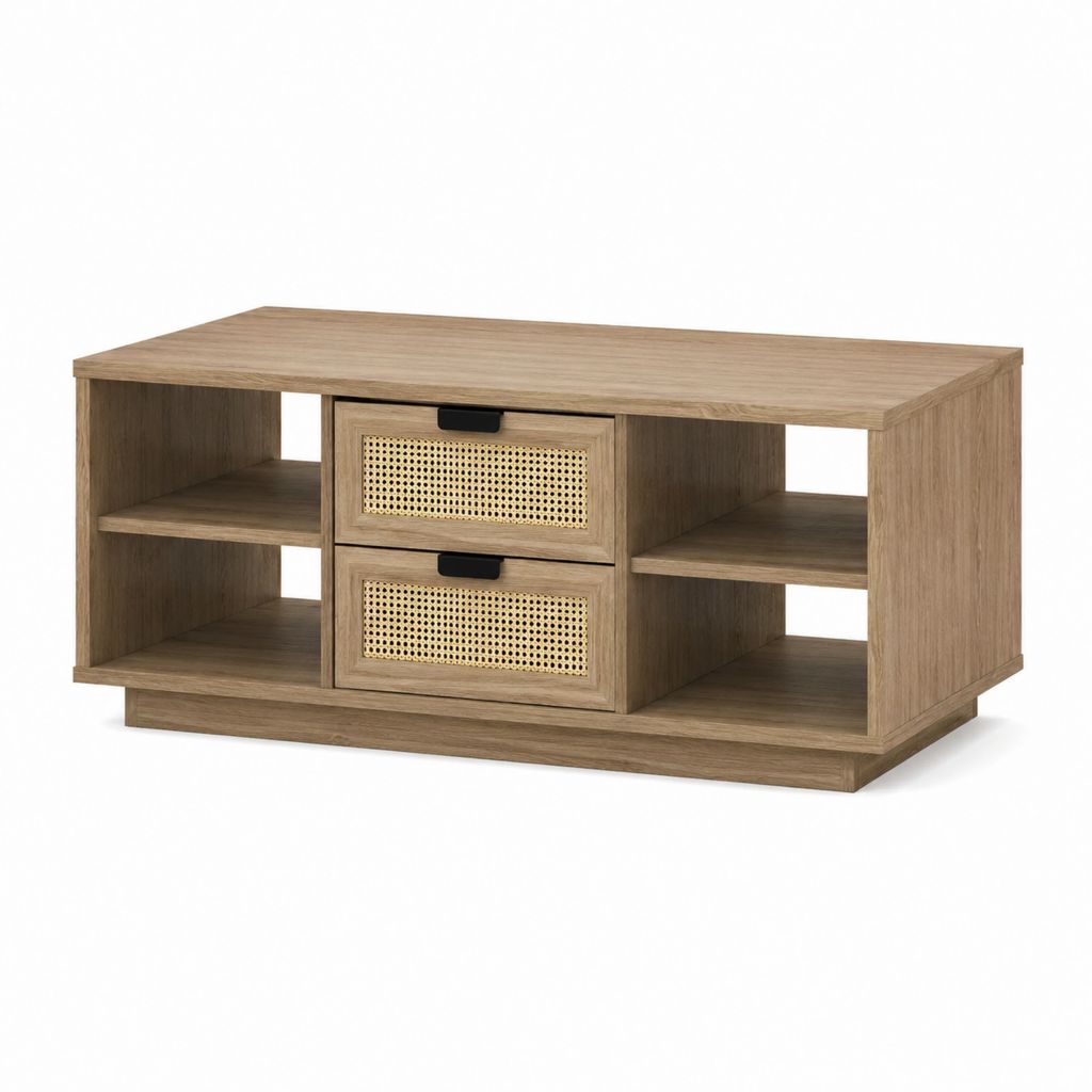 Couchtisch mit Stauraum eichenbraun MDF Rattan rechteckig 110 x 50 x 45 cm