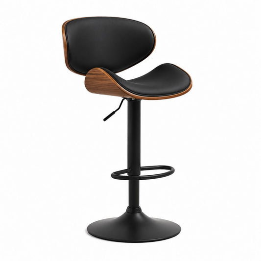 Barhocker Schwarz mit PU-Bezug und Schichtholz Walnussoptik höhenverstellbar 52 x 48 x 93-114 cm