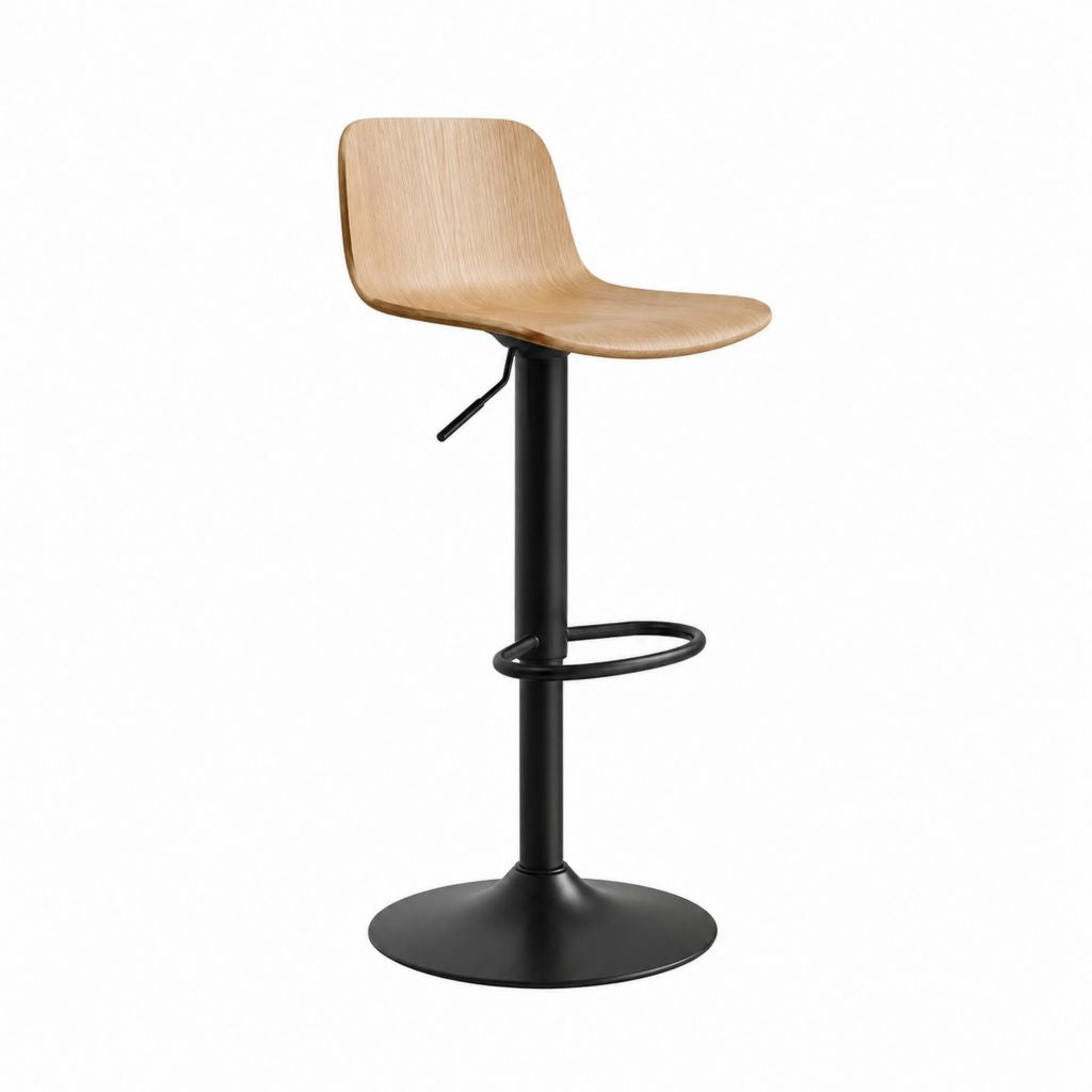 Barhocker höhenverstellbar Naturholz Schwarz mit Sperrholzschale und Stahlgestell 50 x 50 x 90-111 cm